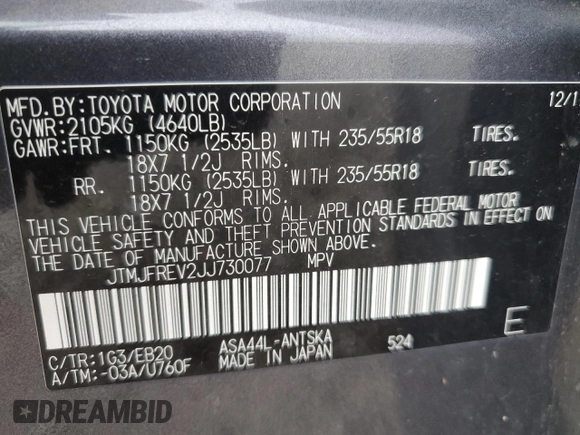 2018 Toyota RAV4 SE with VIN JTMJFREV2JJ730077, listed as a Copart auction lot 56666055 with 85,100 mi miles and Salvage title. Bid and sale history available at DreamBid. Image 13.