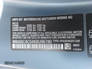 2019 BMW 8 Series M850i xDrive with VIN WBABC4C54KBU96780, listed as a IAAI auction lot 41015686 with 15,451 mi miles and . Bid and sale history available at DreamBid. Image 9.
