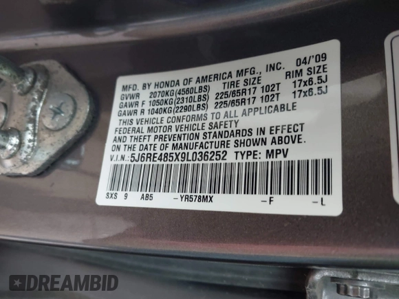 2009 Honda CR-V EX with VIN 5J6RE485X9L036252, listed as a IAAI auction lot 42017954 with 216,225 mi miles. Bid and sale history available at carsss.com. Image 9.