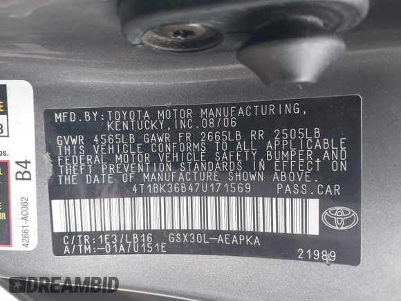 2007 Toyota Avalon XL with VIN 4T1BK36B47U171569, listed as a IAAI auction lot 41800454 with 237,627 mi miles. Bid and sale history available at carsss.com. Image 9.