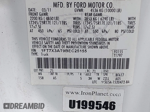 2011 Ford F-350 with VIN 1FT7X3AT9BEC25155, listed as a IAAI auction lot 42087821 with Not provided miles and . Bid and sale history available at DreamBid. Image 9.
