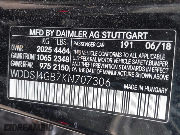 2019 Mercedes-Benz CLA 250 with VIN WDDSJ4GB7KN707306, listed as a IAAI auction lot 41435146 with 56,730 mi miles and . Bid and sale history available at DreamBid. Image 9.