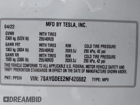 2022 Tesla Model Y Long Range z VIN 7SAYGDEE2NF420882, wystawiony jako IAAI lot #42023642 z przebiegiem 19 783 mil mil oraz . Historia ofert i sprzedaży dostępna na DreamBid. Obrazek 9.