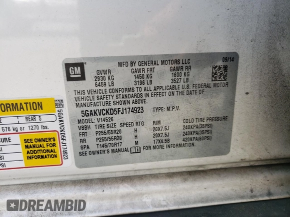 2015 Buick Enclave Premium with VIN 5GAKVCKD5FJ174923, listed as a Copart auction lot 50570935 with 156,107 mi miles and Salvage Title. Bid and sale history available at DreamBid. Image 13.