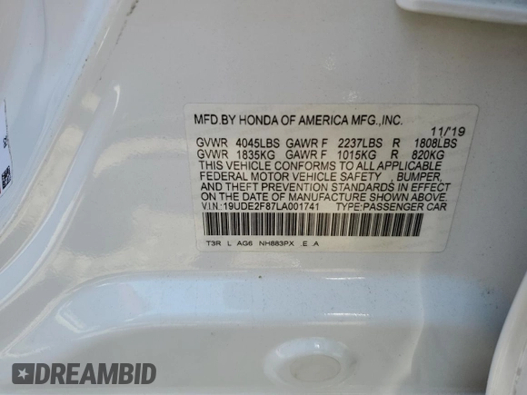 2020 Acura ILX Premium with VIN 19UDE2F87LA001741, listed as a Copart auction lot 55400885 with 58,344 mi miles and Salvage title. Bid and sale history available at DreamBid. Image 12.