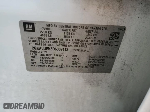 2013 GMC Terrain SLT with VIN 2GKALUEK3D6369112, listed as a Copart auction lot 60503015 with 167,211 mi miles and Salvage title. Bid and sale history available at DreamBid. Image 13.