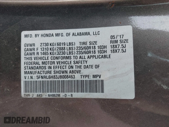 2018 Honda Odyssey Touring with VIN 5FNRL6H83JB008463, listed as a IAAI auction lot 41805044 with 65,001 mi miles. Bid and sale history available at carsss.com. Image 9.