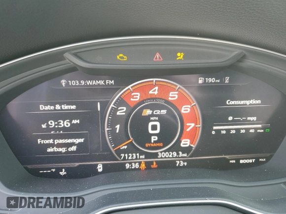 2019 Audi SQ5 Premium Plus with VIN WA1B4AFY6K2007309, listed as a Copart auction lot 54629005 with 71,231 mi miles and Salvage Title. Bid and sale history available at DreamBid. Image 9.