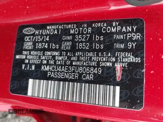 2015 Hyundai Accent GLS with VIN KMHCU4AE3FU806849, listed as a IAAI auction lot 41935761 with 147,784 mi miles. Bid and sale history available at carsss.com. Image 9.