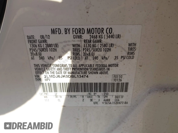 2013 Lincoln MKX with VIN 2LMDJ6JK0DBL13474, listed as a IAAI auction lot 41141919 with 133,344 mi miles. Bid and sale history available at carsss.com. Image 9.