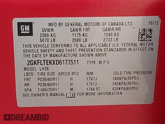 2013 GMC Terrain SLE with VIN 2GKFLTEKXD6177511, listed as a IAAI auction lot 42054215 with 129,697 mi miles. Bid and sale history available at carsss.com. Image 9.
