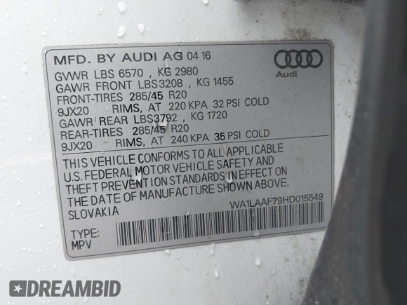 2017 Audi Q7 Premium Plus with VIN WA1LAAF79HD015549, listed as a IAAI auction lot 42537231 with 131,060 mi miles and . Bid and sale history available at DreamBid. Image 9.