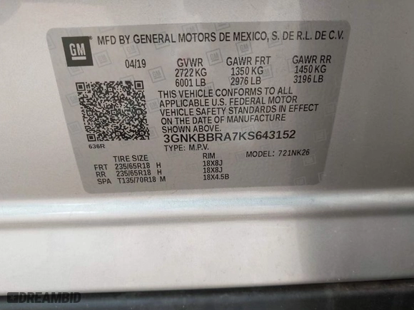 2019 Chevrolet Blazer with VIN 3GNKBBRA7KS643152, listed as a IAAI auction lot 41510933 with 73,252 mi miles. Bid and sale history available at carsss.com. Image 9.