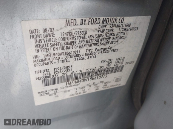 2008 Mercury Sable Premier with VIN 1MEHM43W18G610215, listed as a IAAI auction lot 42305122 with 200,368 mi miles and . Bid and sale history available at DreamBid. Image 9.