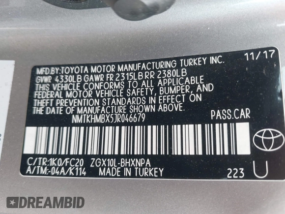 2018 Toyota C-HR XLE z VIN NMTKHMBX5JR046679, wystawiony jako IAAI lot #42068046 z przebiegiem 166 297 mil mil oraz . Historia ofert i sprzedaży dostępna na DreamBid. Obrazek 9.