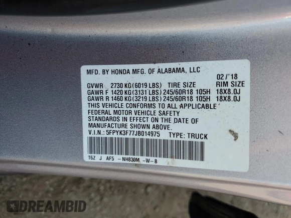 2018 Honda Ridgeline RTL-E with VIN 5FPYK3F77JB014975, listed as a Copart auction lot 59798125 with 124,361 mi miles and Clean title. Bid and sale history available at DreamBid. Image 12.