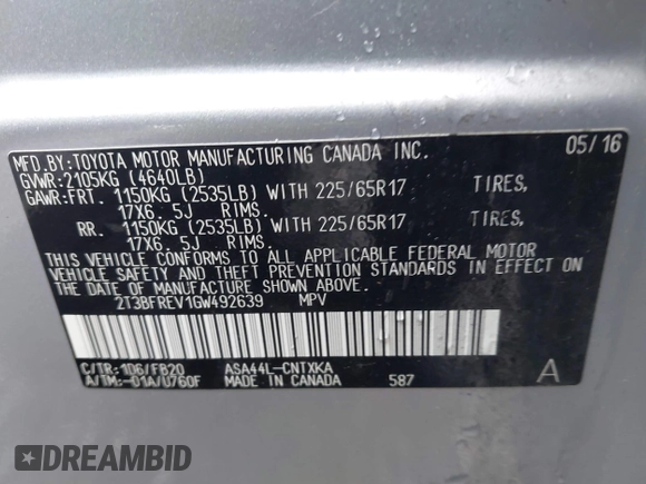 2016 Toyota RAV4 LE with VIN 2T3BFREV1GW492639, listed as a IAAI auction lot 41916461 with 16,380 mi miles. Bid and sale history available at carsss.com. Image 9.
