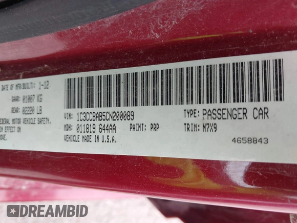 2012 Chrysler 200 LX with VIN 1C3CCBAB5CN200089, listed as a IAAI auction lot 42078609 with 114,384 mi miles and . Bid and sale history available at carsss.com. Image 9.