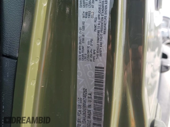 2021 Jeep Wrangler Unlimited Willys с VIN 1C4HJXDG9MW740262, выставлен на аукционе Copart как лот 54051745 с пробегом Не указан миль и Списание • Salvage title. История ставок и продаж доступна на DreamBid. Изображение 12.