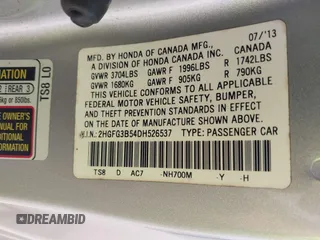 2013 Honda Civic Cpe LX with VIN 2HGFG3B54DH526537, listed as a IAAI auction lot 41931424 with 224,318 mi miles. Bid and sale history available at carsss.com. Image 9.