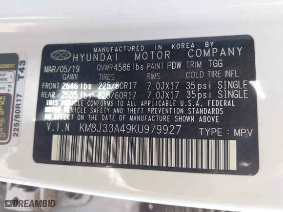 2019 Hyundai Tucson Value with VIN KM8J33A49KU979927, listed as a IAAI auction lot 41818355 with 96,208 mi miles. Bid and sale history available at carsss.com. Image 9.