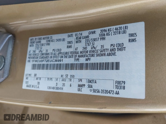 2014 Ford Escape S with VIN 1FMCU0F72EUC36991, listed as a IAAI auction lot 41785649 with 108,233 mi miles. Bid and sale history available at carsss.com. Image 9.