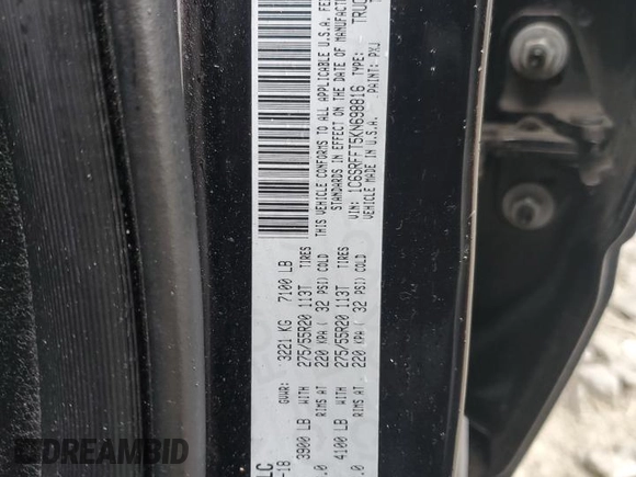 2019 Ram 1500 Big Horn with VIN 1C6SRFFT5KN698816, listed as a Copart auction lot 55287665 with 143,969 mi miles and Salvage title. Bid and sale history available at DreamBid. Image 12.