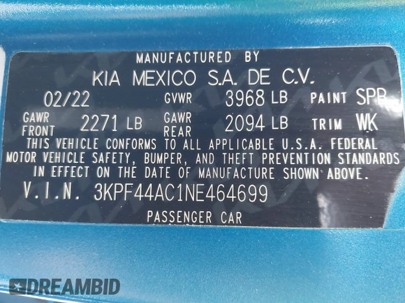 2022 Kia Forte GT with VIN 3KPF44AC1NE464699, listed as a IAAI auction lot 40966852 with 51,562 mi miles. Bid and sale history available at carsss.com. Image 9.
