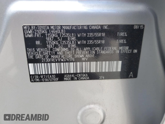2015 Toyota RAV4 Limited z VIN 2T3DFREV1FW374176, wystawiony jako Copart lot #53947465 z przebiegiem 58 685 mil mil oraz Szkoda całkowita • Salvage title. Historia ofert i sprzedaży dostępna na DreamBid. Obrazek 13.