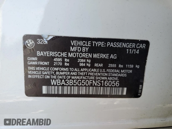 2015 BMW 3 Series 328i xDrive with VIN WBA3B5G50FNS16056, listed as a Copart auction lot 51502285 with 185,739 mi miles and Clean Title. Bid and sale history available at carsss.com. Image 12.
