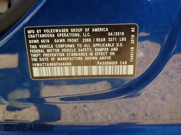 2016 Volkswagen Passat S with VIN 1VWAT7A36GC048458, listed as a IAAI auction lot 42001799 with 50,962 mi miles and . Bid and sale history available at DreamBid. Image 9.