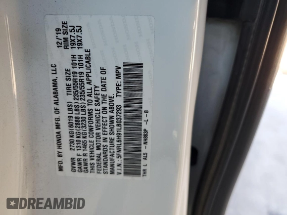 2020 Honda Odyssey Elite with VIN 5FNRL6H91LB037293, listed as a Copart auction lot 45844985 with Not Provided miles and Salvage Title. Bid and sale history available at DreamBid. Image 15.