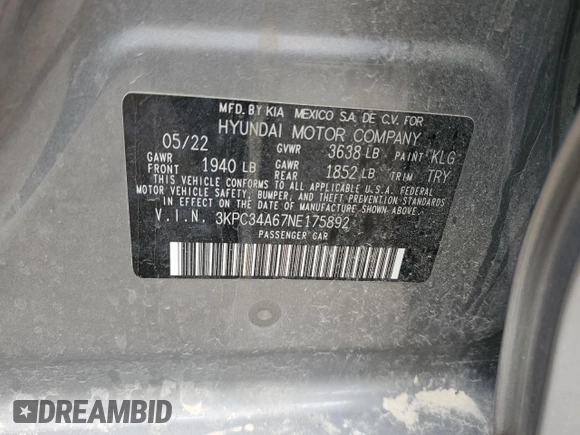 2022 Hyundai Accent Limited with VIN 3KPC34A67NE175892, listed as a Copart auction lot 68247634 with 52,544 mi miles and Salvage Title. Bid and sale history available at carsss.com. Image 12.