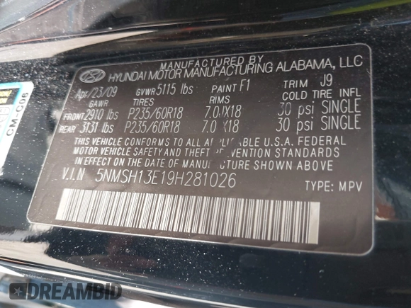 2009 Hyundai Santa Fe Limited с VIN 5NMSH13E19H281026, выставлен на аукционе IAAI как лот 42325649 с пробегом 217 725 миль миль и . История ставок и продаж доступна на DreamBid. Изображение 9.