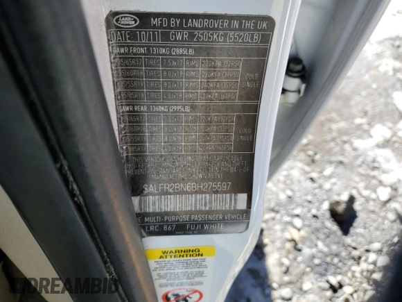 2011 Land Rover LR2 HSE with VIN SALFR2BN6BH275597, listed as a Copart auction lot 42213075 with 216,198 mi miles and Salvage title. Bid and sale history available at DreamBid. Image 13.