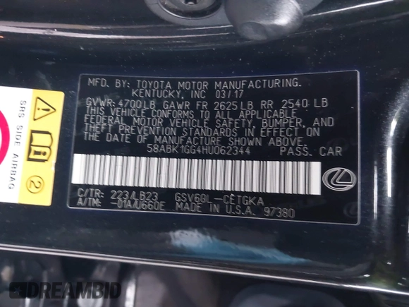 2017 Lexus ES 350 with VIN 58ABK1GG4HU062344, listed as a IAAI auction lot 41696251 with 41,384 mi miles and . Bid and sale history available at DreamBid. Image 9.