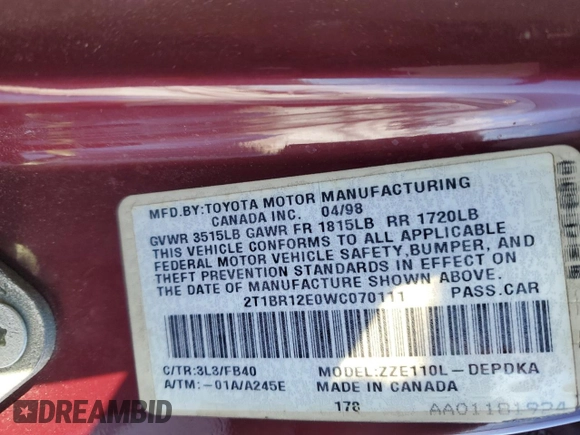 1998 Toyota Corolla VE with VIN 2T1BR12E0WC070111, listed as a Copart auction lot 44749005 with Not provided miles and Salvage title. Bid and sale history available at DreamBid. Image 14.