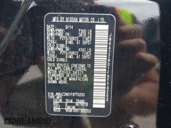 2015 Infiniti QX80 with VIN JN8AZ2ND1F9770203, listed as a IAAI auction lot 41949816 with 213,836 mi miles and . Bid and sale history available at DreamBid. Image 9.