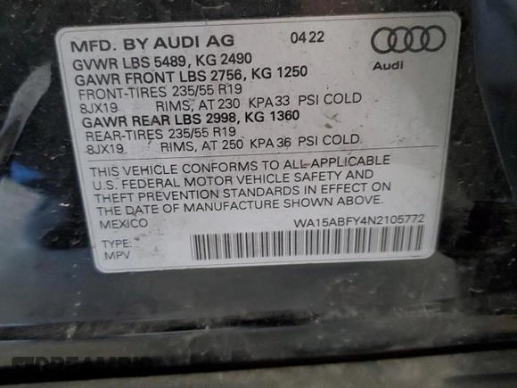 2022 Audi Q5 Sportback S line Premium Plus with VIN WA15ABFY4N2105772, listed as a Copart auction lot 54119335 with 38,217 mi miles and Salvage title. Bid and sale history available at DreamBid. Image 14.
