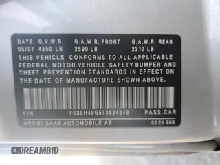 2007 Saab 9-5 Aero with VIN YS3EH49G573524249, listed as a Copart auction lot 48460205 with 168,065 mi miles and Salvage Title. Bid and sale history available at carsss.com. Image 12.
