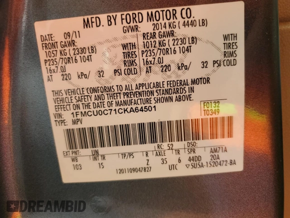 2012 Ford Escape XLS with VIN 1FMCU0C71CKA64501, listed as a Copart auction lot 59606245 with 112,112 mi miles and Salvage title. Bid and sale history available at DreamBid. Image 13.