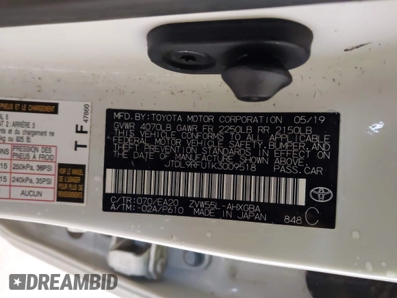2019 Toyota Prius LE with VIN JTDL9RFU1K3009518, listed as a IAAI auction lot 41262569 with 59,828 mi miles and . Bid and sale history available at DreamBid. Image 9.