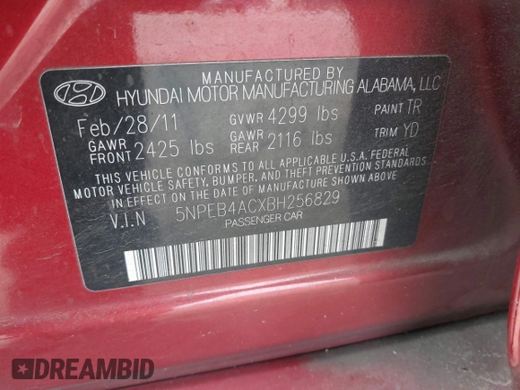 2011 Hyundai Sonata GLS with VIN 5NPEB4ACXBH256829, listed as a IAAI auction lot 42086089 with 137,710 mi miles and . Bid and sale history available at carsss.com. Image 9.