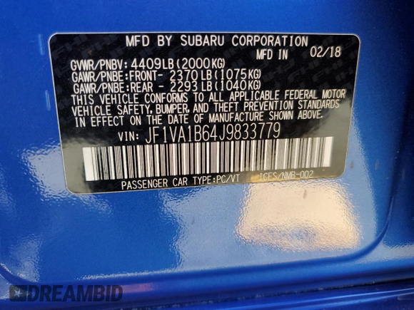 2018 Subaru WRX Premium with VIN JF1VA1B64J9833779, listed as a Copart auction lot 70928704 with 64,155 mi miles and Salvage Title. Bid and sale history available at carsss.com. Image 14.
