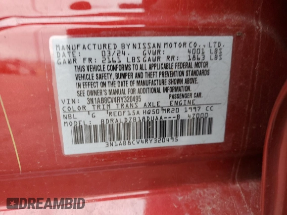 2024 Nissan Sentra SV with VIN 3N1AB8CV4RY320495, listed as a Copart auction lot 49166945 with 10,668 mi miles and Clean Title. Bid and sale history available at DreamBid. Image 12.