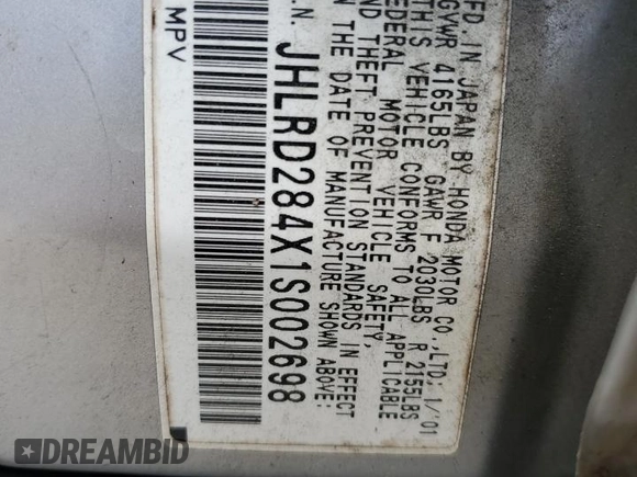 2001 Honda CR-V LX z VIN JHLRD284X1S002698, wystawiony jako Copart lot #56597825 z przebiegiem 254 762 mil mil oraz Szkoda całkowita • Salvage title. Historia ofert i sprzedaży dostępna na DreamBid. Obrazek 12.