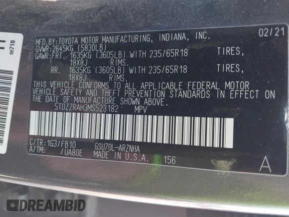 2021 Toyota Highlander L with VIN 5TDZZRAH3MS523182, listed as a IAAI auction lot 42052236 with 62,721 mi miles and . Bid and sale history available at DreamBid. Image 9.