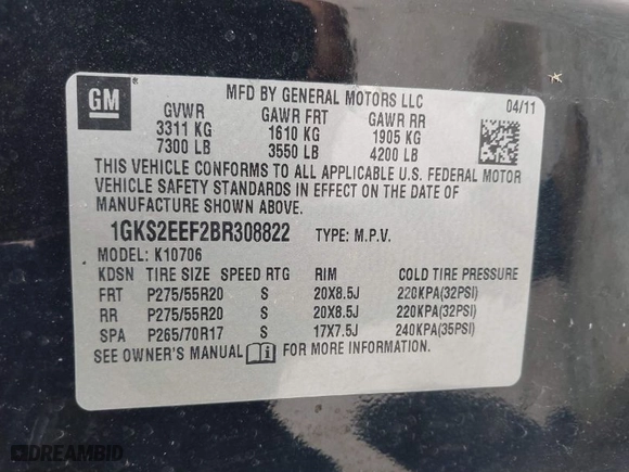 2011 GMC Yukon Denali with VIN 1GKS2EEF2BR308822, listed as a IAAI auction lot 41897093 with 197,961 mi miles. Bid and sale history available at carsss.com. Image 9.