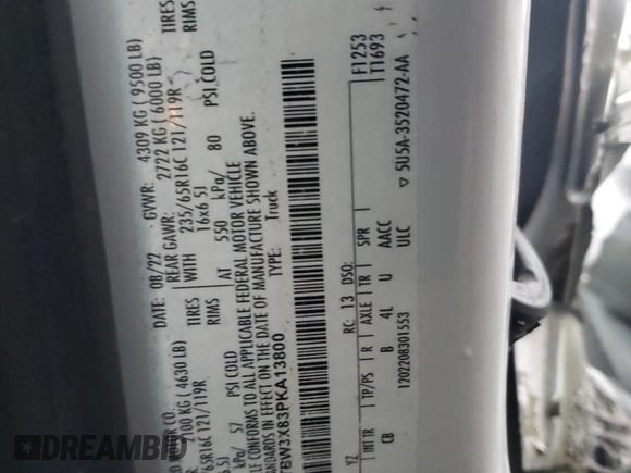 2023 Ford Transit Cargo with VIN 1FTBW3X83PKA13800, listed as a Copart auction lot 83735954 with 37,252 mi miles and Salvage Title. Bid and sale history available at carsss.com. Image 13.