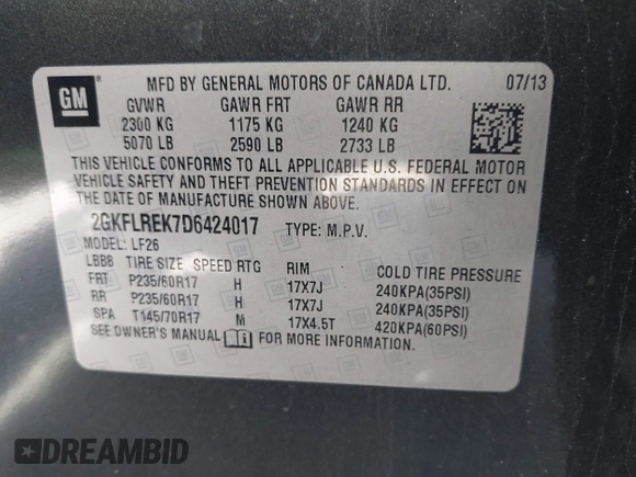 2013 GMC Terrain SLE with VIN 2GKFLREK7D6424017, listed as a IAAI auction lot 42149864 with 87,583 mi miles. Bid and sale history available at carsss.com. Image 9.